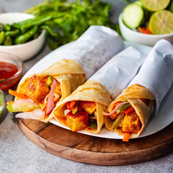Three Indian paneer kathi rolls with vegetables and sauces on a white plate and wooden board.
