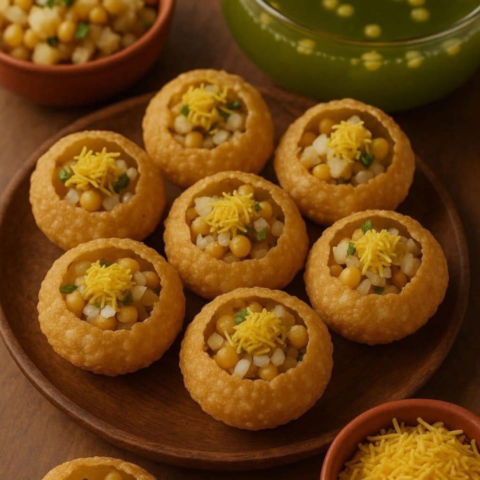 Chai Wyy's Indian Pani Puri, crispy shells filled with potatoes, chickpeas, and sev, on a wooden plate.